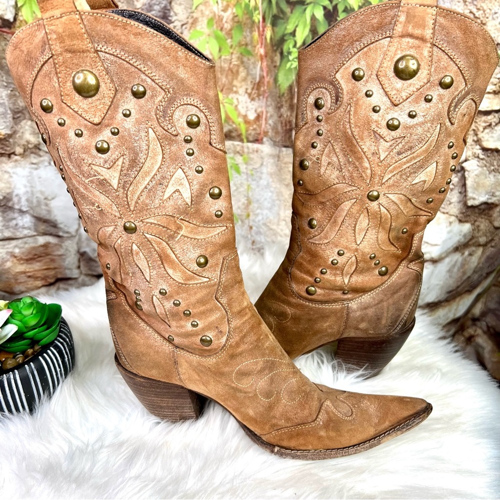 MADE IN ITALY Distressed Western Suede Embellished Boots, 37 - Picture 11 of 15